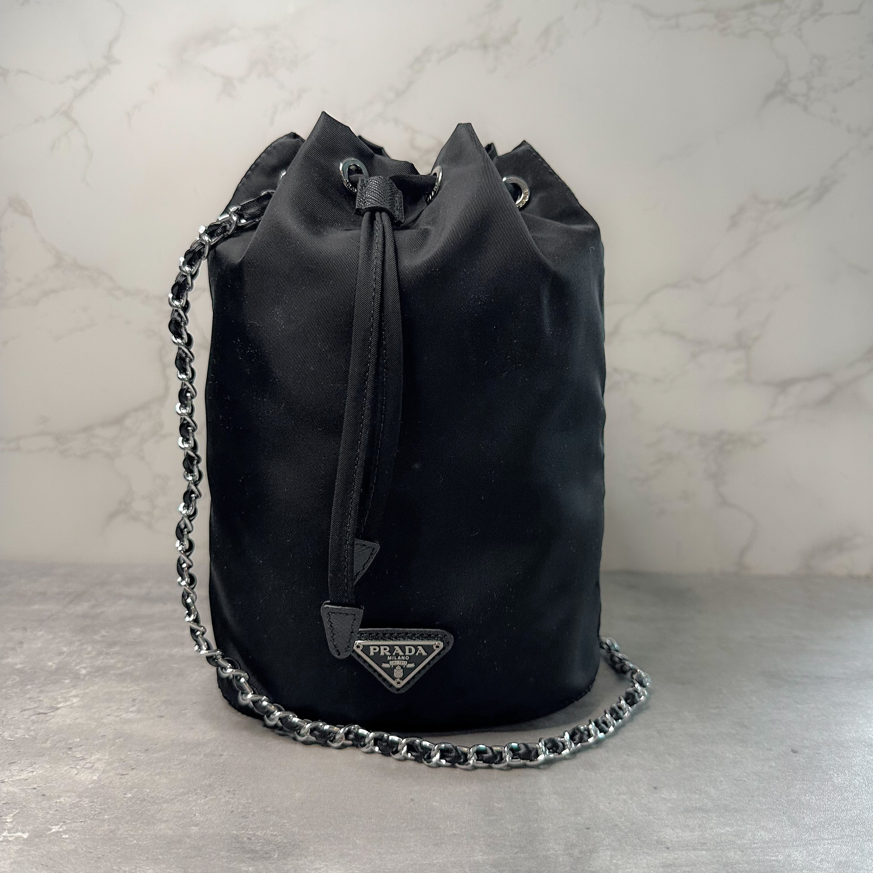 Prada Black Nylon Silver Chain Pochette Small Top Handle Shoulder